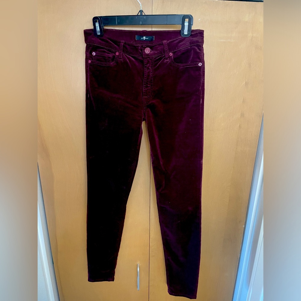 7 for all mankind.  Crushed velvet cabernet skinny pants.  Size 27